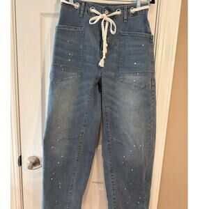 Barrel Leg Paint Splatter Jeans Wide Leg High Rise Stretch Denim Size S
